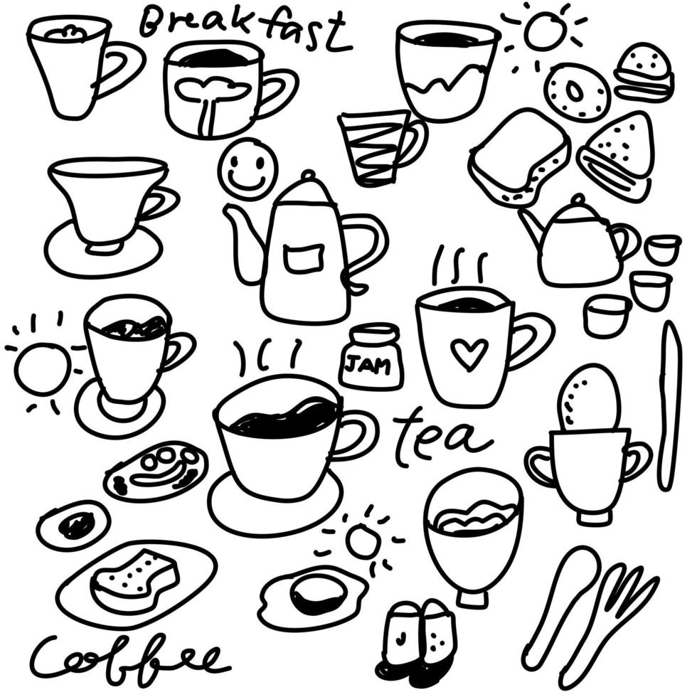 doodle drawing of coffee cup tea and kettle and breakfast stuff bread egg toast sun hand drawn cartoon vector