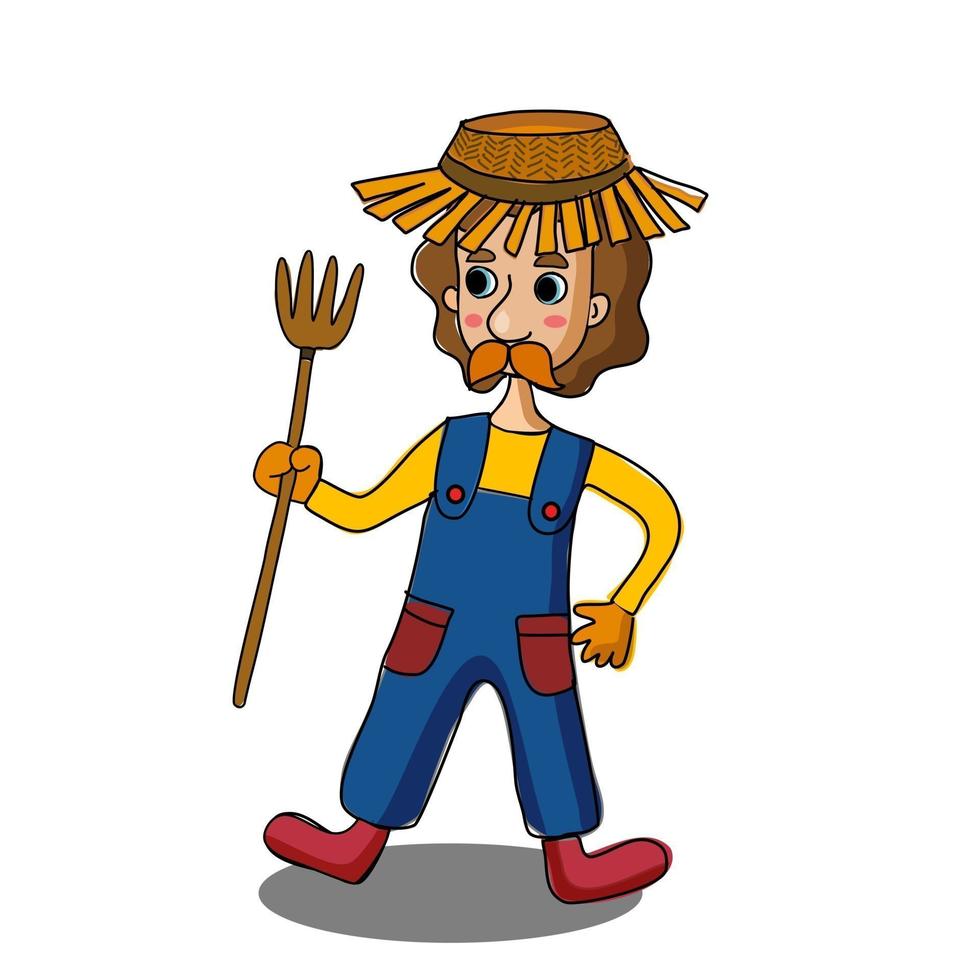 granjero, hombre, con, sombrero de paja, caricatura, vector