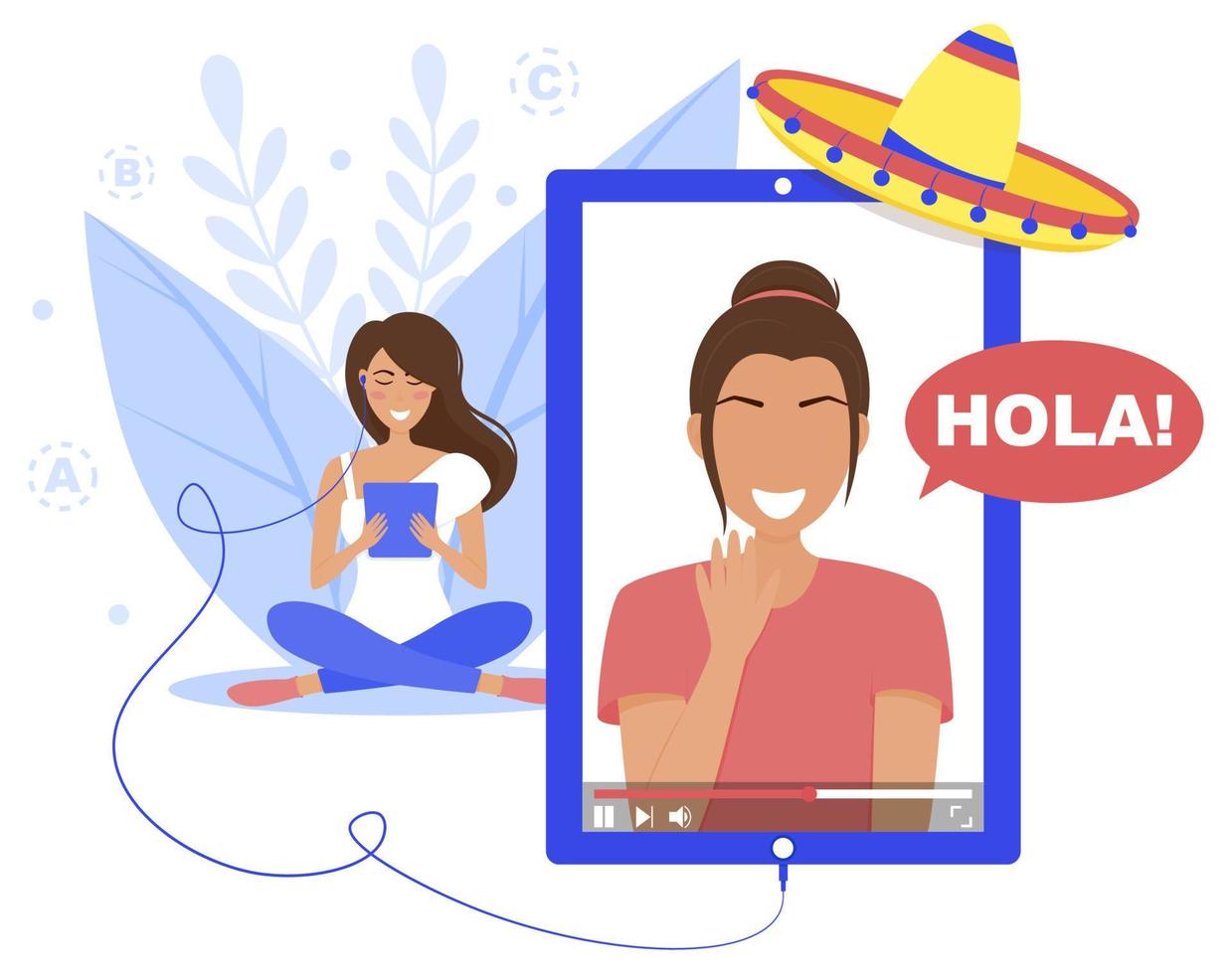 Vector illustration of video tutorial for language school. Online education. Spanish language. Spanish tutor. Girl is learning online. Language courses. Online language courses. Hello. Good afternoon.