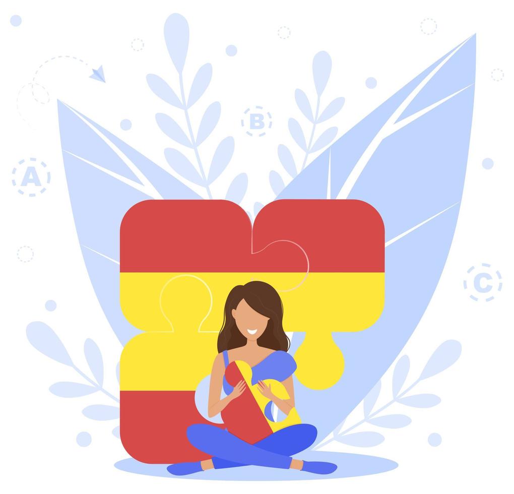 Vector illustration of language teacher. Tutor online. Puzzle. Spanish flag puzzles. Online courses. Online education. Learn language easy. Language courses, school. Spanish language.  V