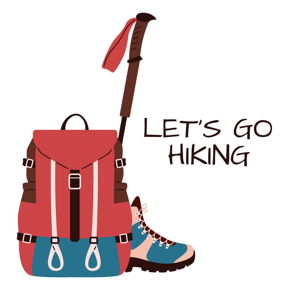 Vector illustration of hiking equipment backpack, boots, hiking stick ...