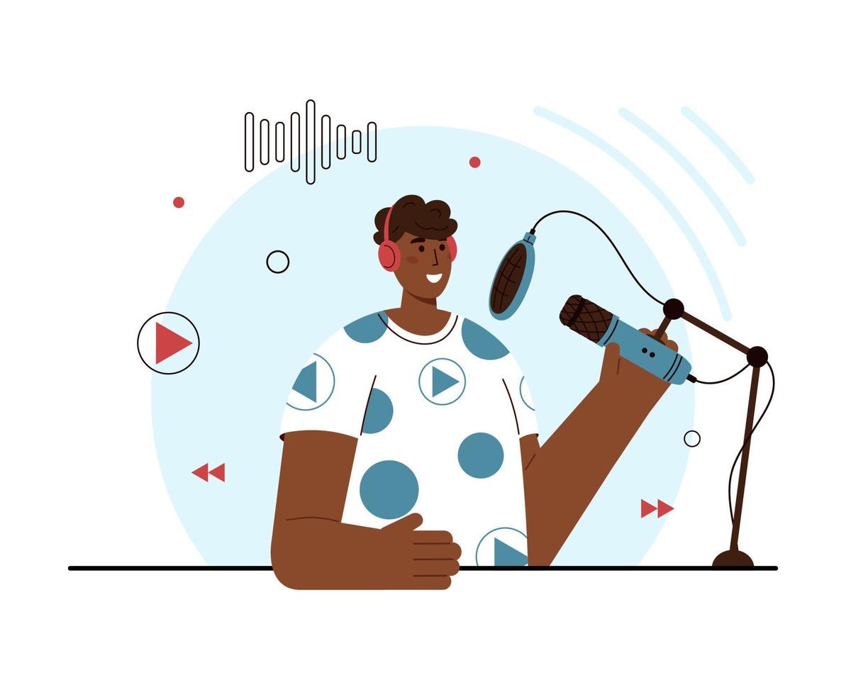 Vector flat illustration of podcaster speaking in microphone. Smiling afro american man in headphones recording audio podcast or online show. Podcasting, broadcasting. White background.