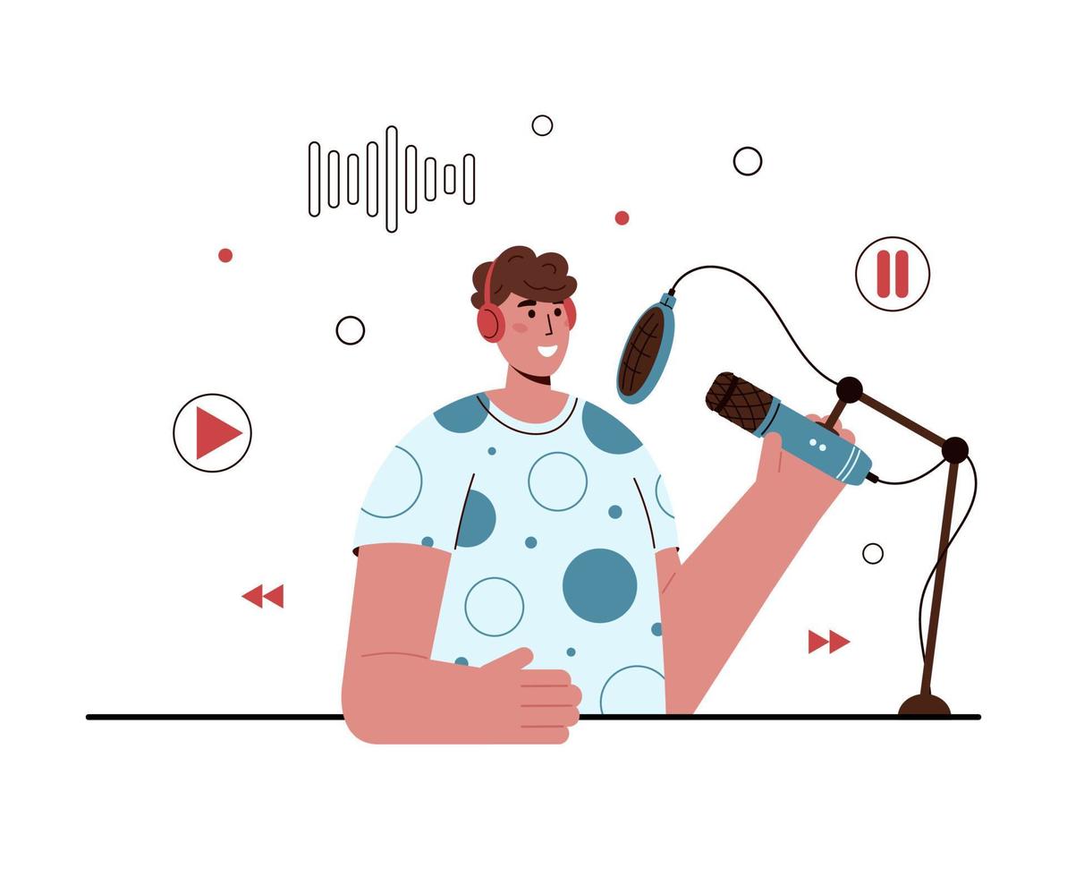 Vector flat illustration of podcaster speaking in microphone. Smiling caucasian man in headphones recording audio podcast or online show in studio. Podcasting, broadcasting. White background.