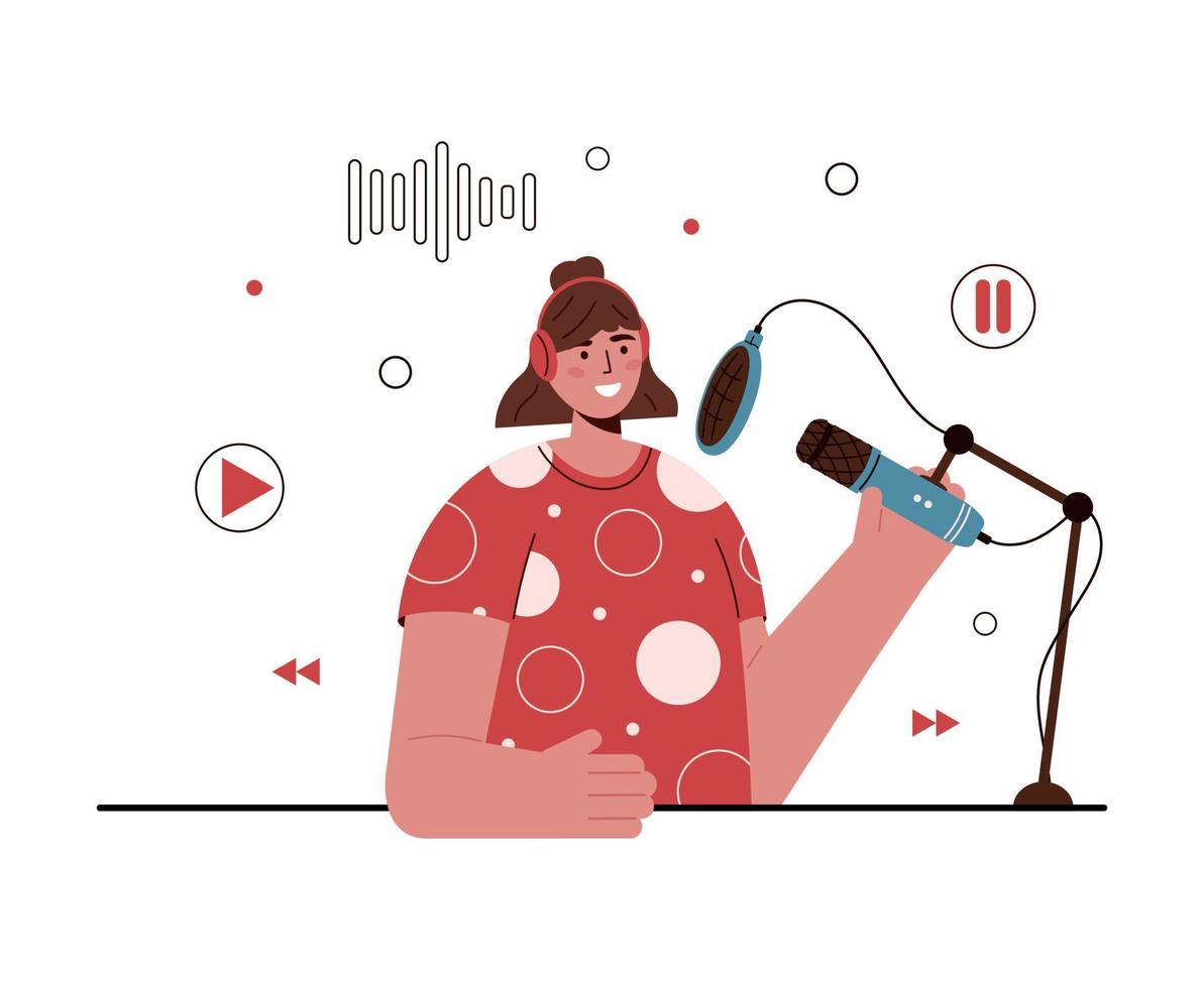 Vector flat illustration of podcaster speaking in microphone. Smiling caucasian woman in headphones recording audio podcast or online show. Podcasting, broadcasting. White background.