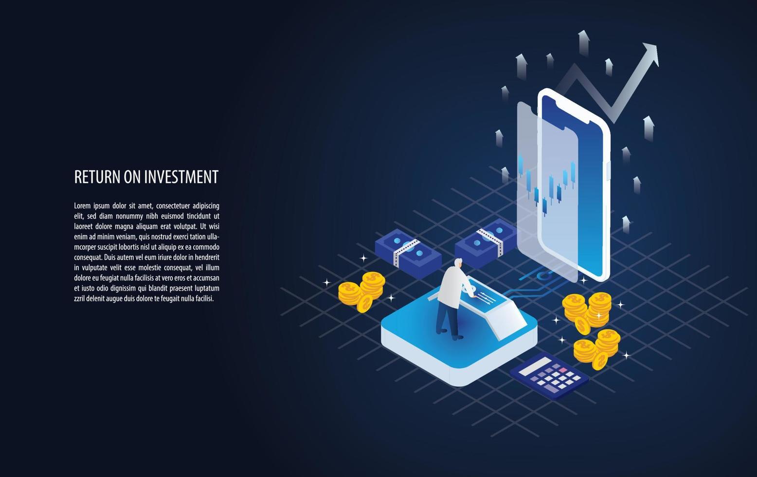 Isometric return on investment graph and chart  in a smartphone, arrow and gold coin. business growth arrows to success. background vector