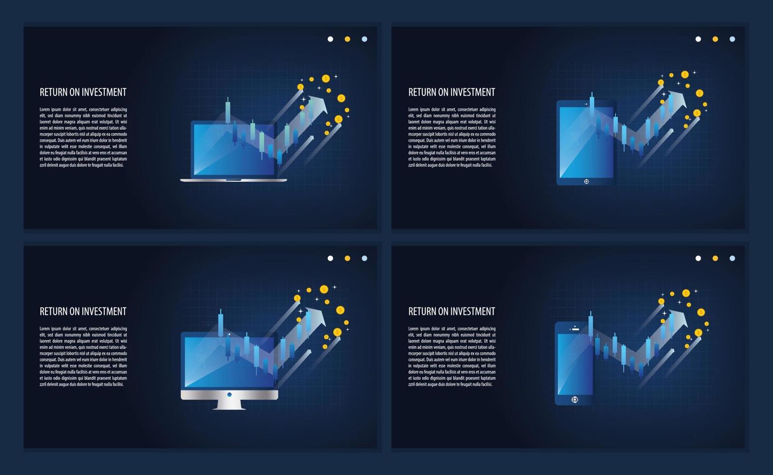 Return on investment ROI graph and chart in laptop, computer, phone and tablet. business growth arrows to success. business landing page banner vector