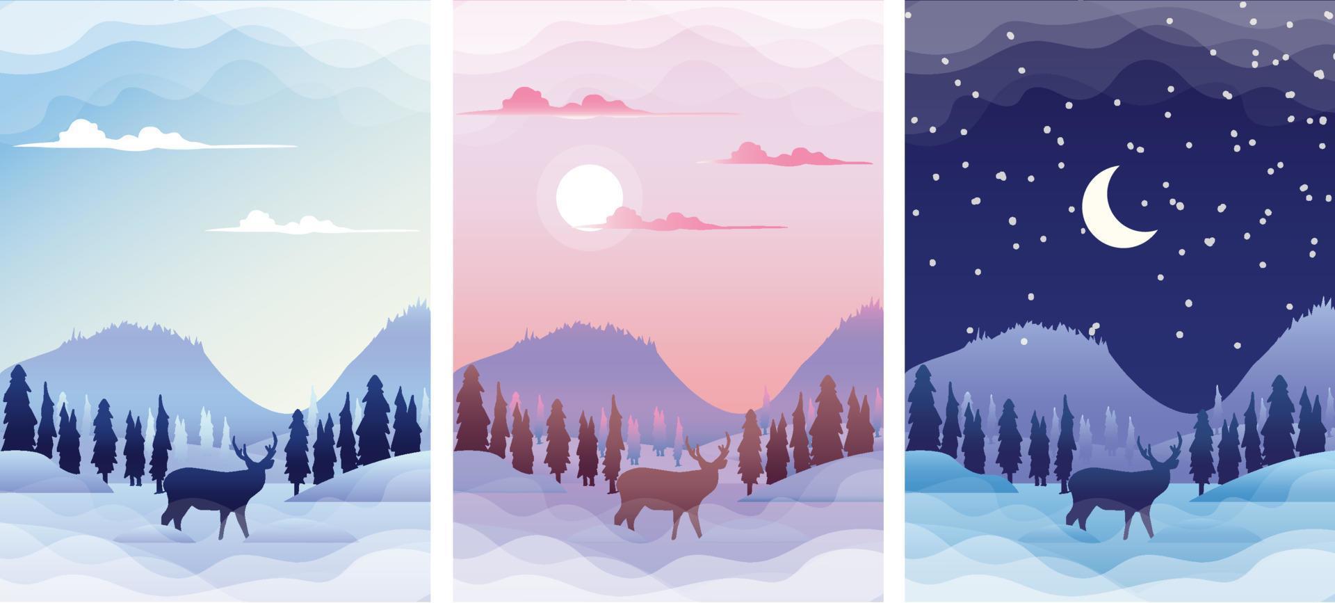 venta de invierno con paisaje al amanecer, atardecer y noche. Banners de temporada de invierno establecen ilustración de vector de plantilla.