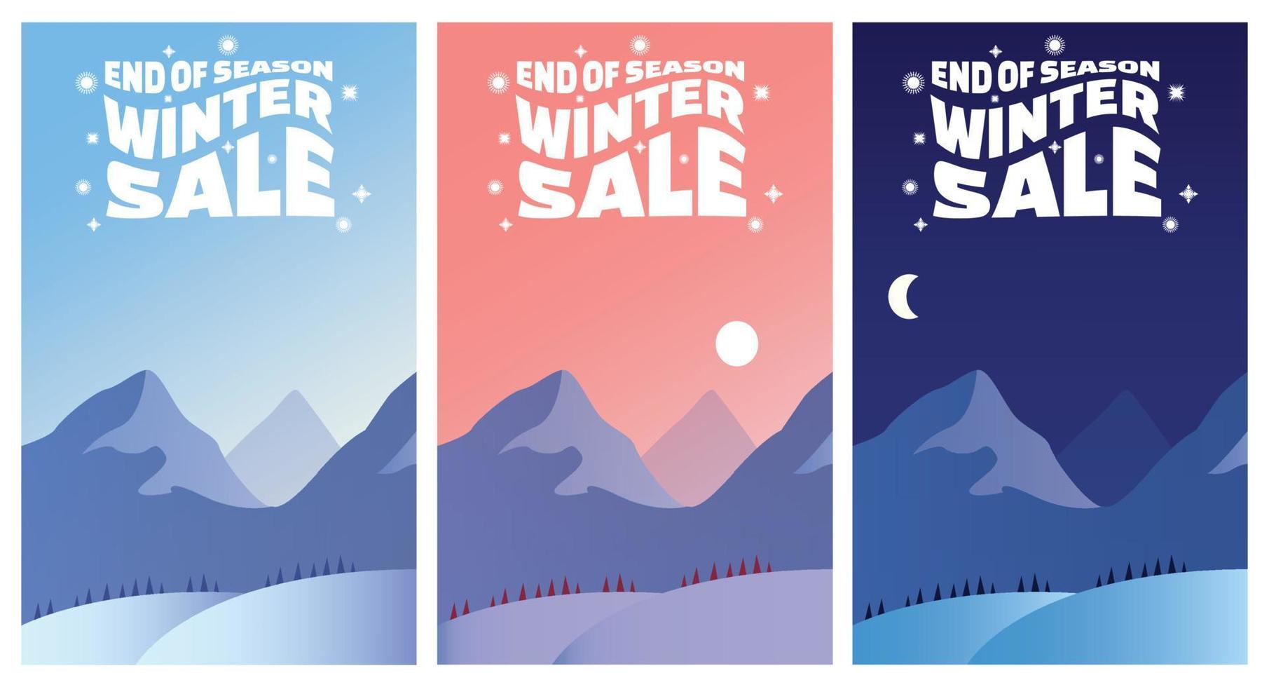 venta de invierno con paisaje al amanecer, atardecer y noche. Banners de temporada de invierno establecen ilustración de vector de plantilla.