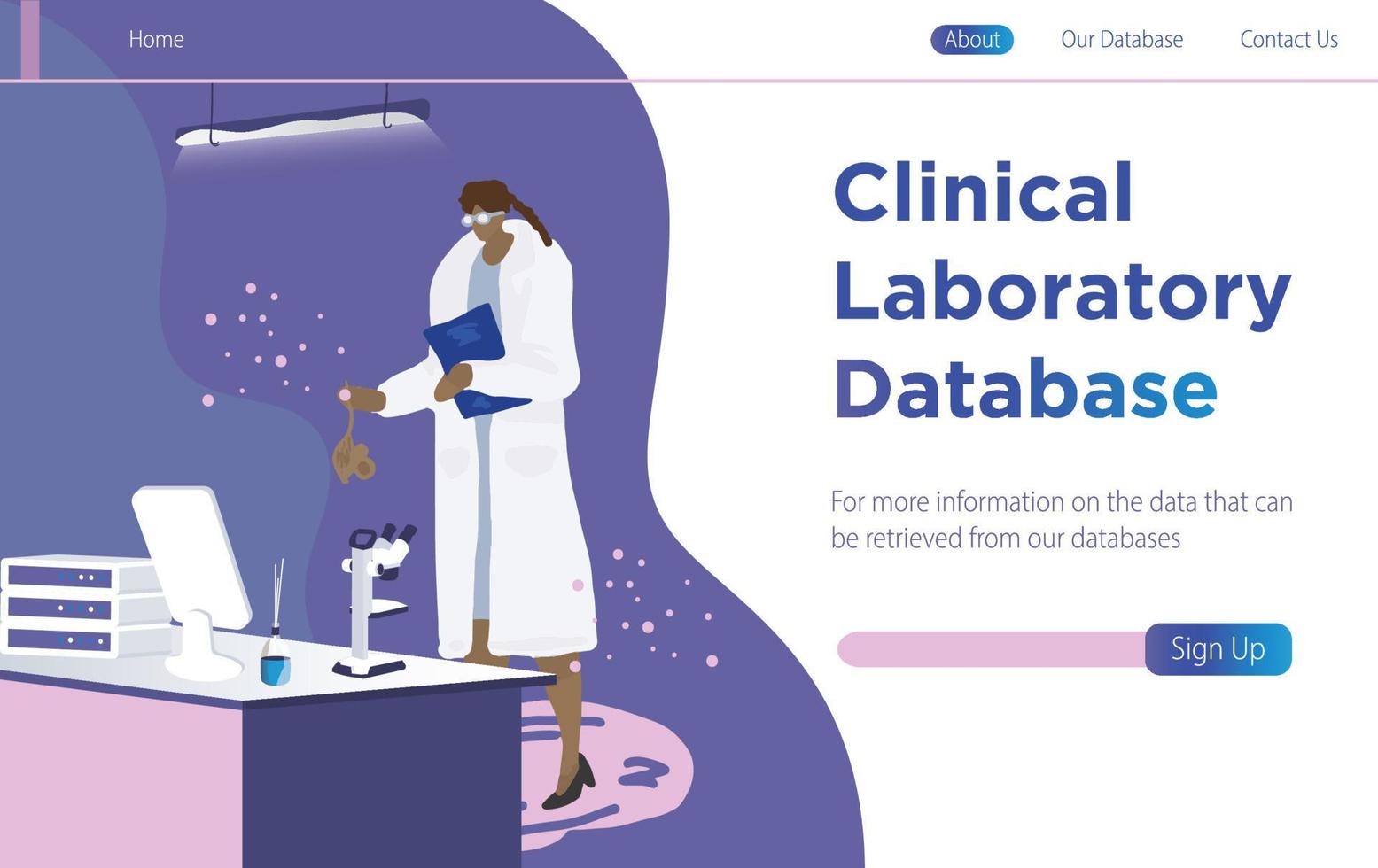 concepto de base de datos de laboratorio clínico con investigadora haciendo investigación y estudio. Ilustración de vector de plantilla de página moderna de aterrizaje - vector