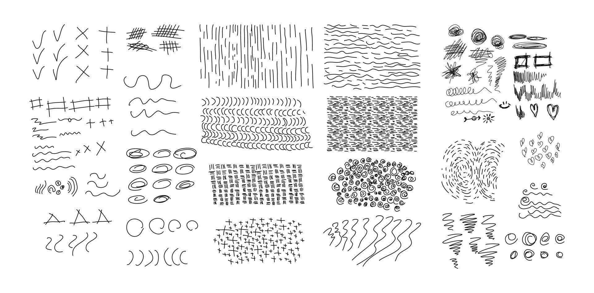 Set of vector brush lines, circles, signs. Hand-drawn collection.