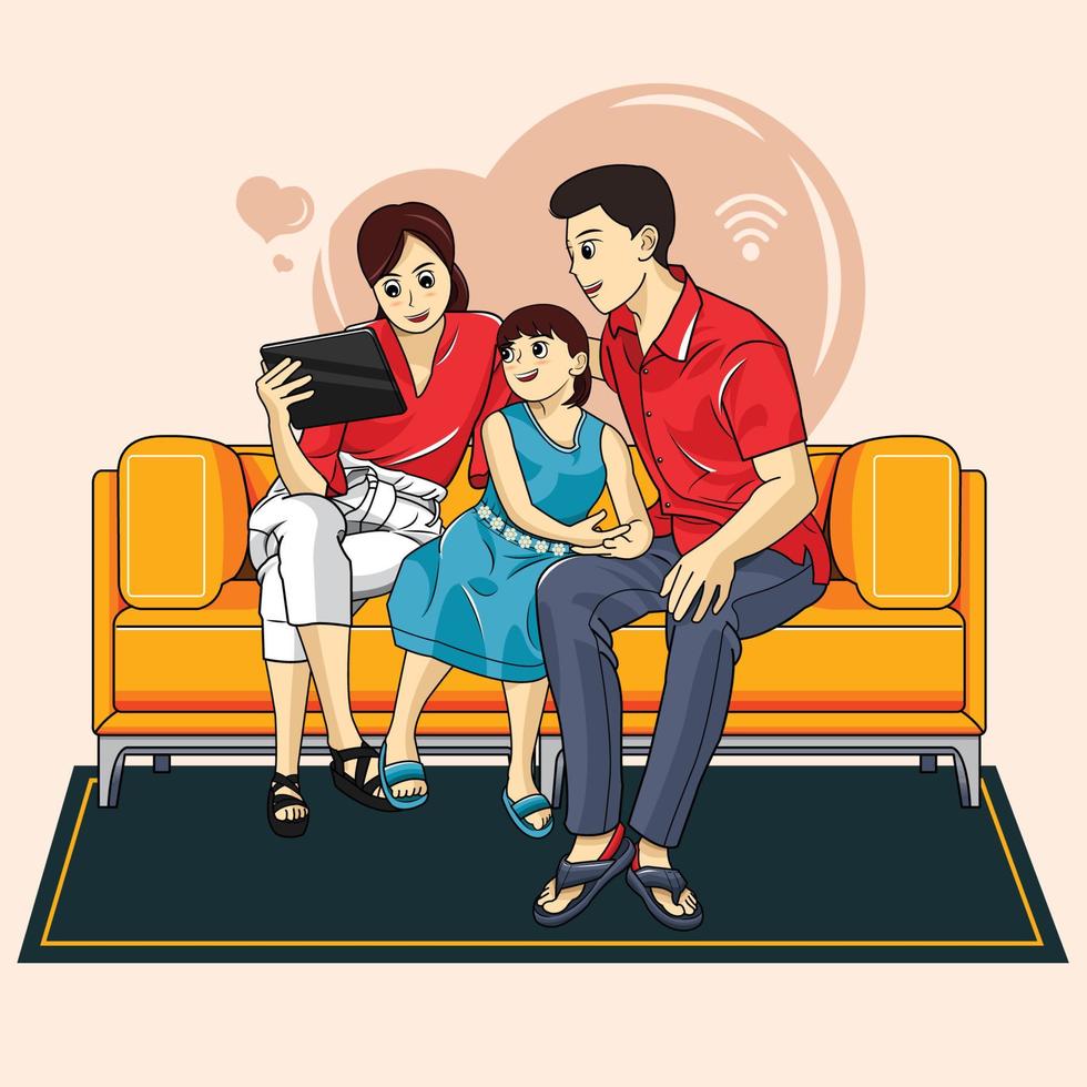 a family sitting on an orange sofa vector illustration pro download