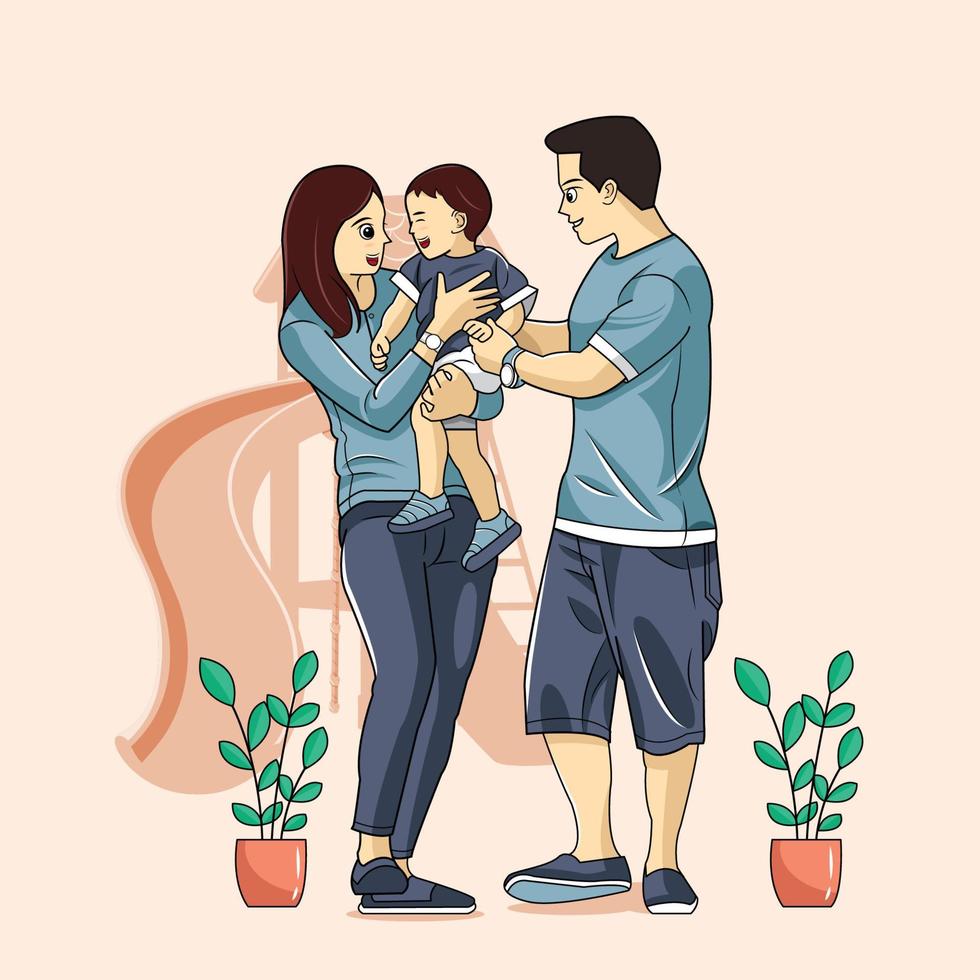 mujer en camisa gris con niño en camisa gris oscuro con un hombre ilustración vectorial descarga gratuita vector