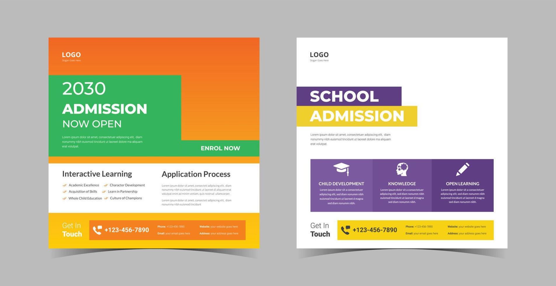 Paquete de diseño de redes sociales de admisión escolar. admisión en paquete de diseño de carteles. vector