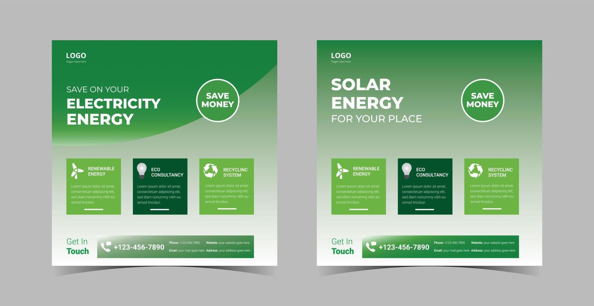 Solar energy social media design template bundle. Go green save energy poster design vector