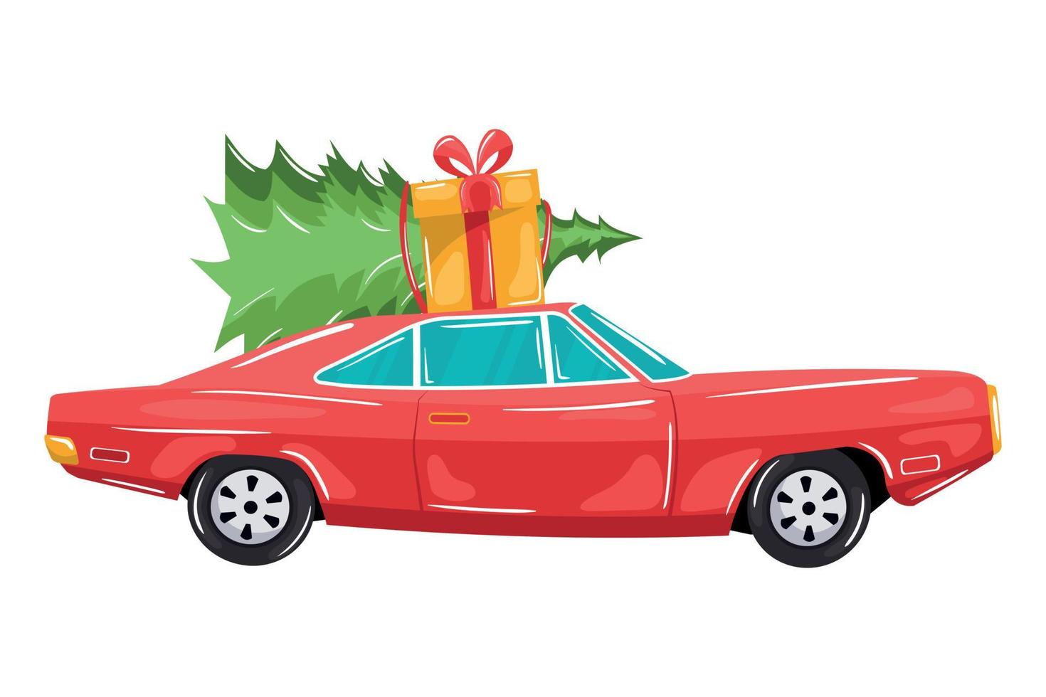 Bonito coche rojo con árbol de navidad y caja de regalo. vector