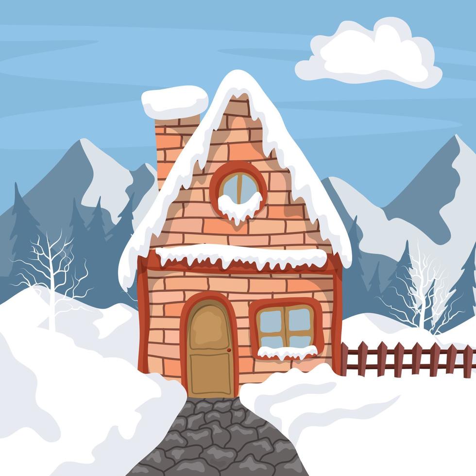 Escena de invierno con nieve, pinos y casa rural en las montañas. vector