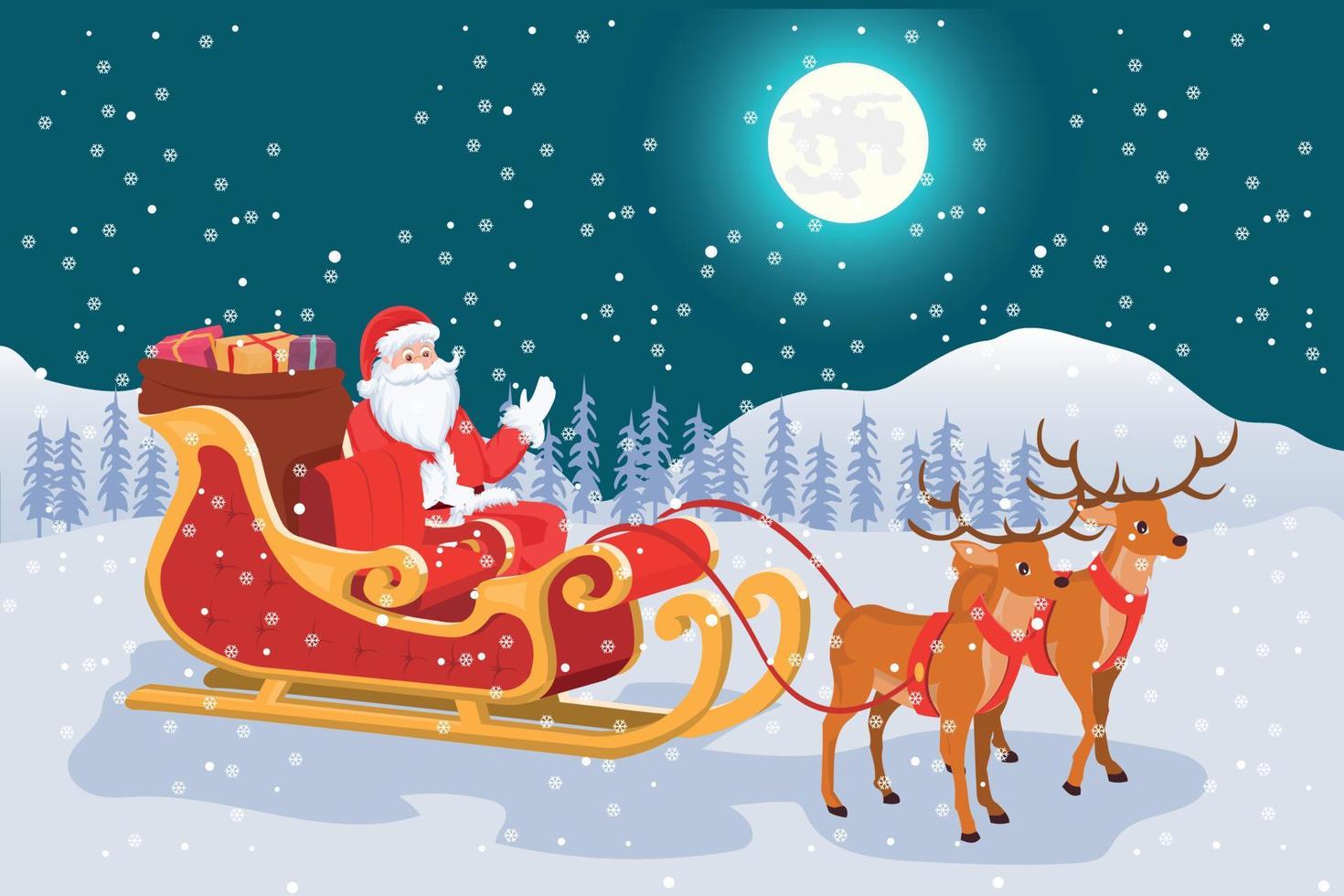 Night landscape with full moon of Christmas Santa Claus with his sleigh and reindeer vector