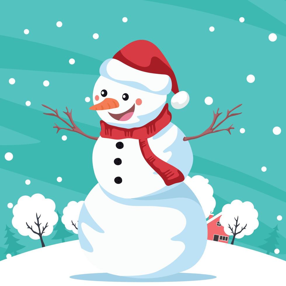 Background with smiling snowman over landscape with snowflakes vector