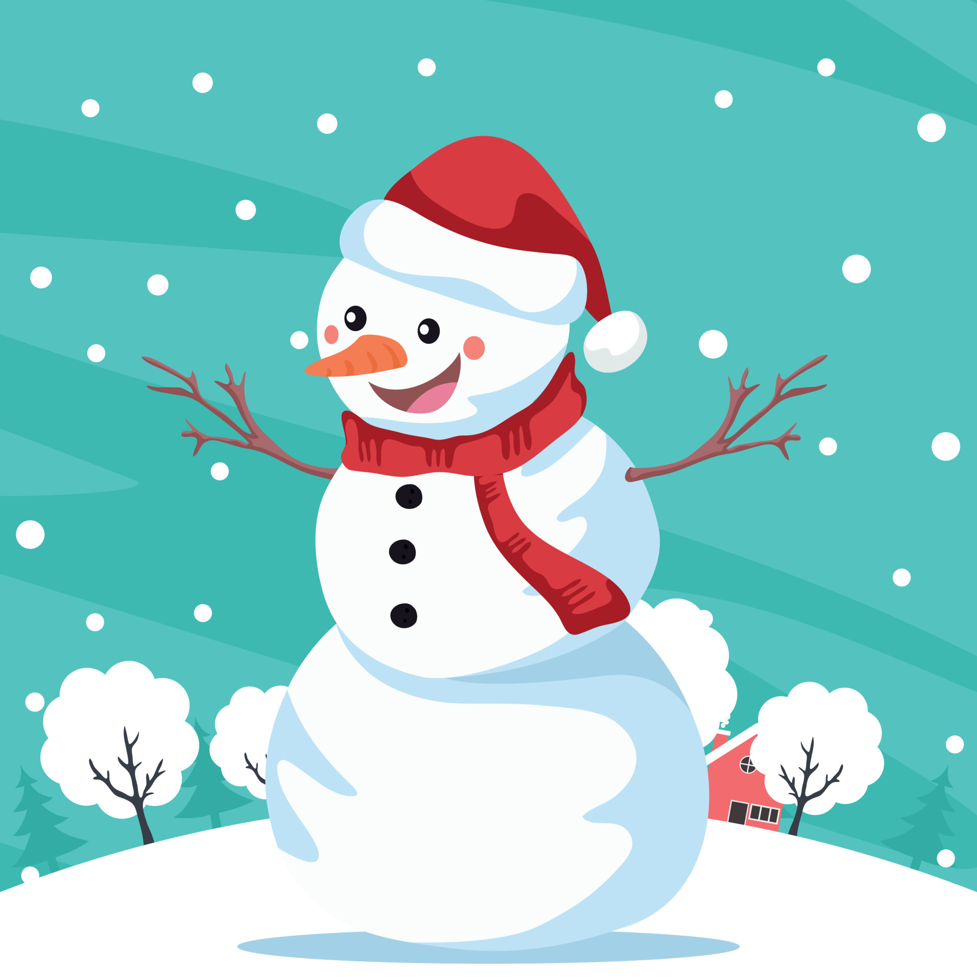 Background with smiling snowman over landscape with snowflakes 4267145