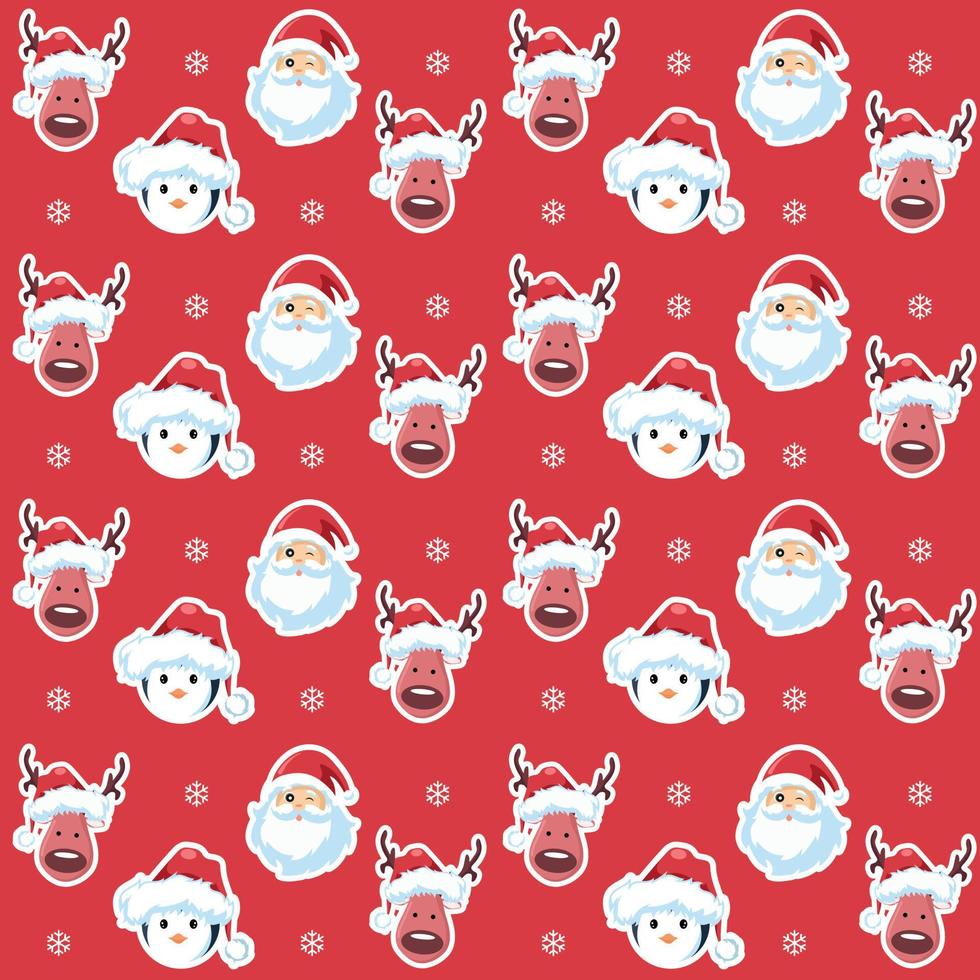 red background with penguins, santa claus and christmas reindeer vector