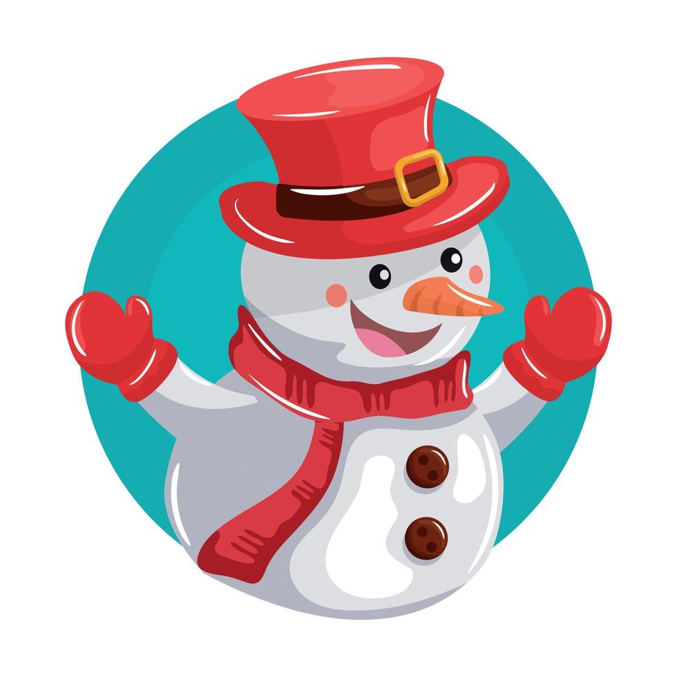 muñeco de nieve de navidad sonriente con guantes y sombrero rojo vector