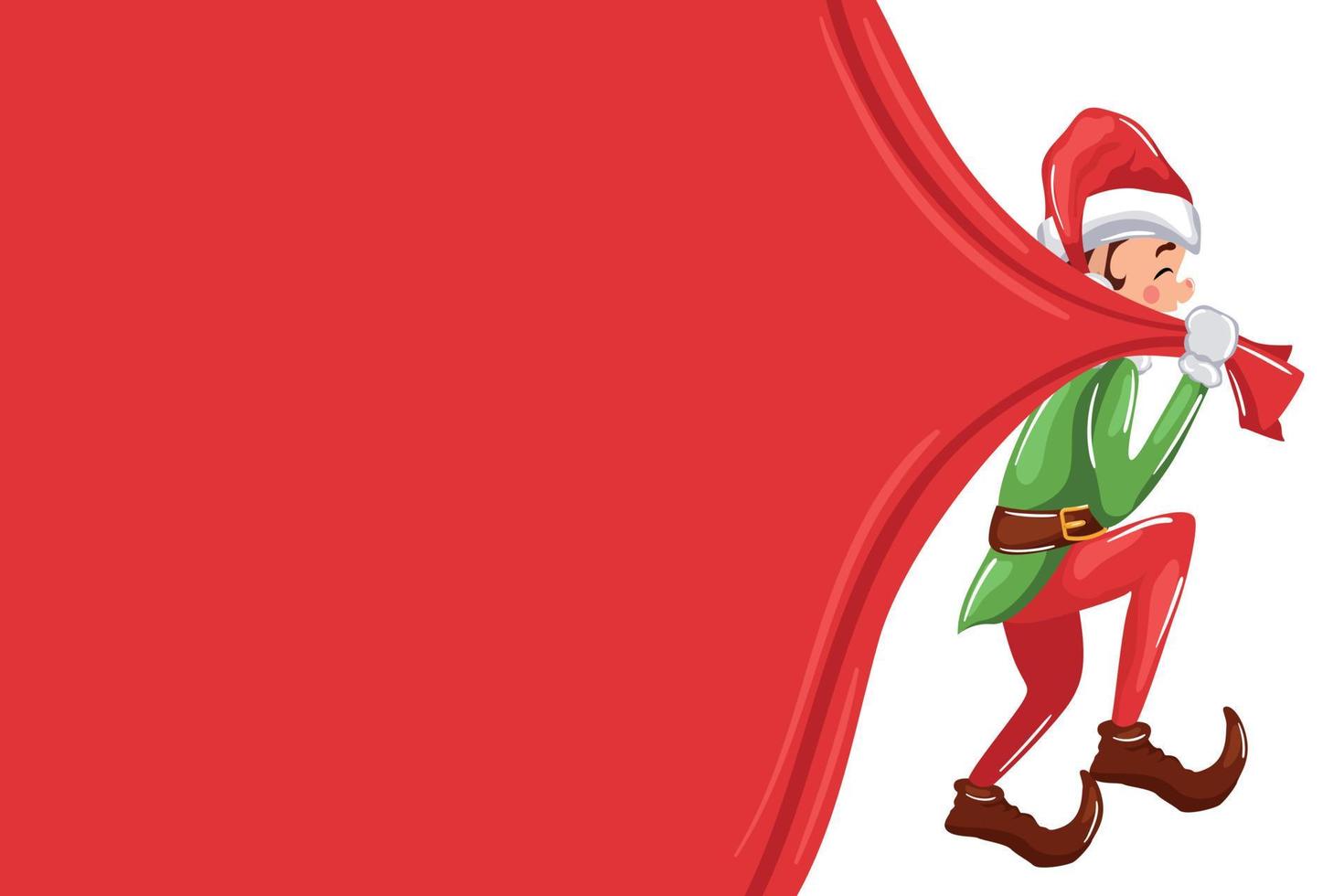 christmas elf holding red curtain on transparent background vector