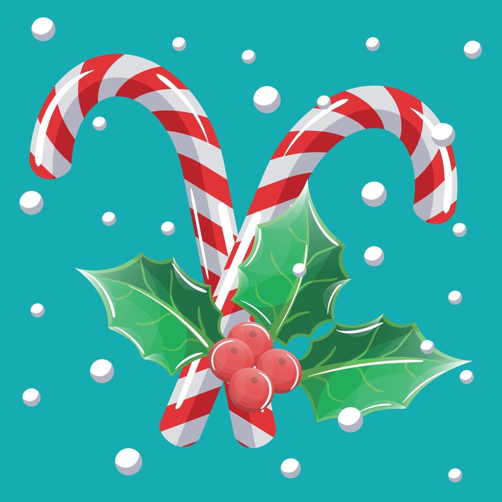 candy canes with holly leaves and berries vector