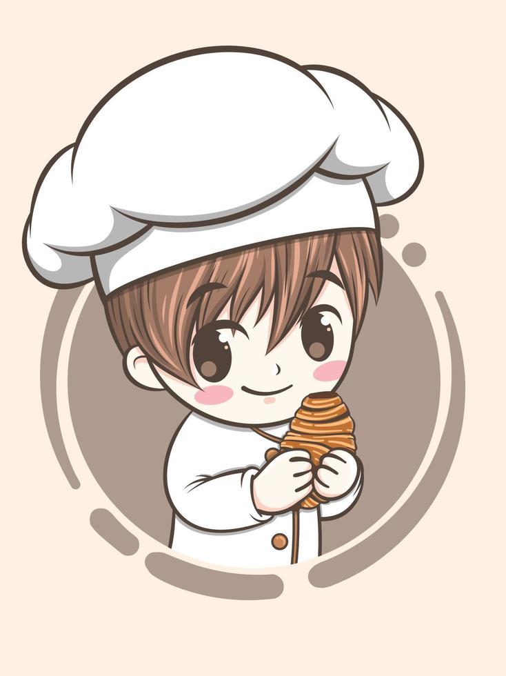 Lindo niño chef de panadería sosteniendo un pastel y pan - personaje de dibujos animados e ilustración de logotipo vector