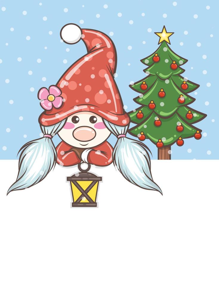 linda chica gnomo sosteniendo una linterna ilustración navideña vector