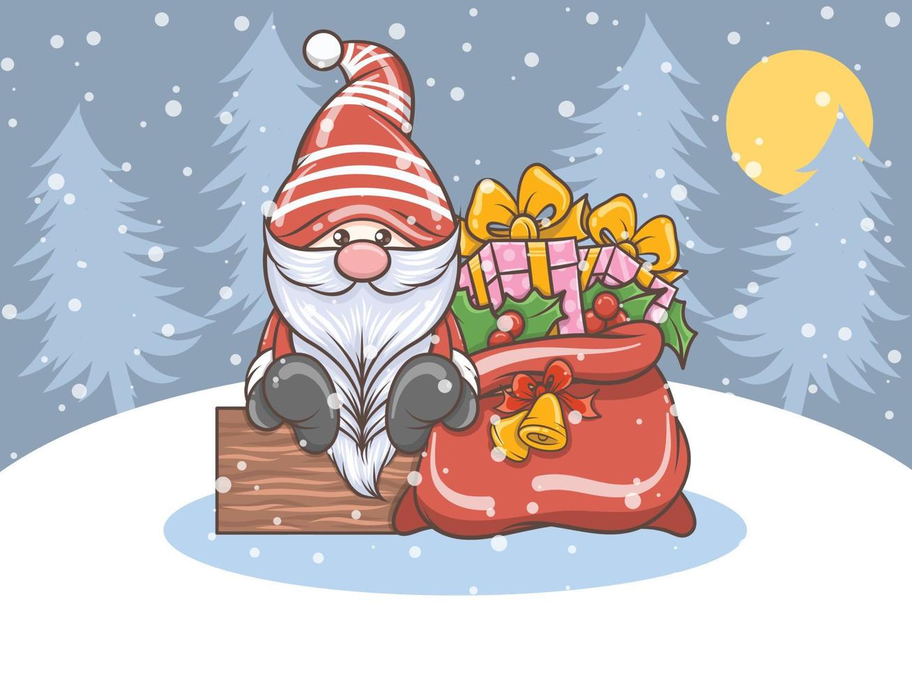 linda ilustración de gnomo con bolsa de regalo de navidad vector