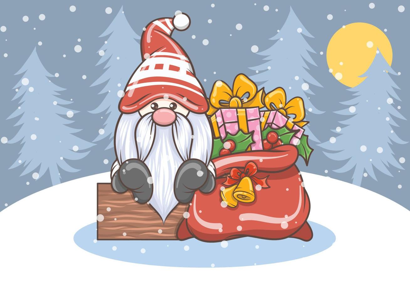 cute gnome illustration with Christmas gift bag vector