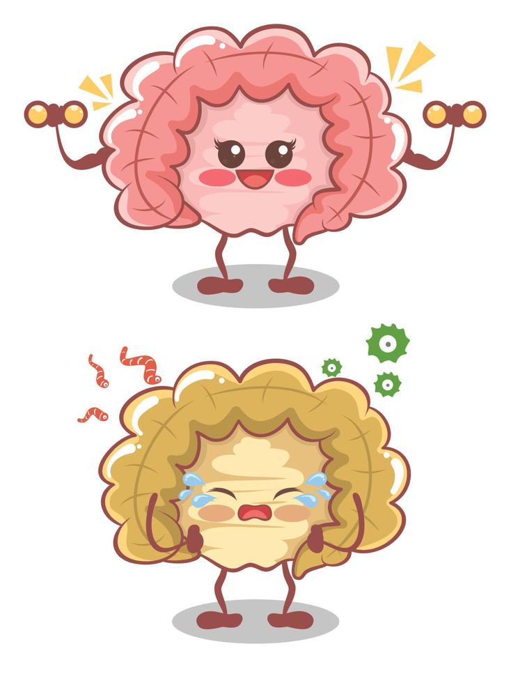 cute intestine heathy and unhealthy lifestyle. cartoon vector