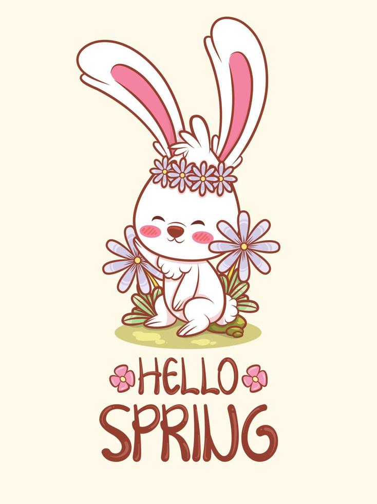 lindo conejito con una flor de primavera. ilustración de personaje de dibujos animados hola saludo de primavera vector