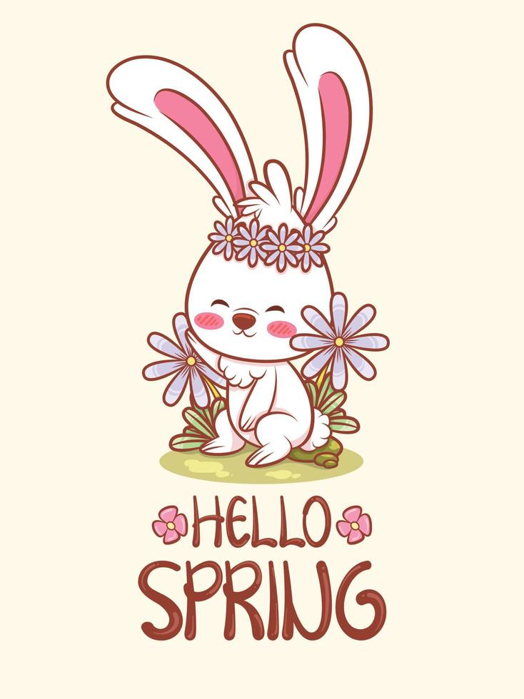 cute bunny with a flower spring. cartoon character illustration hello