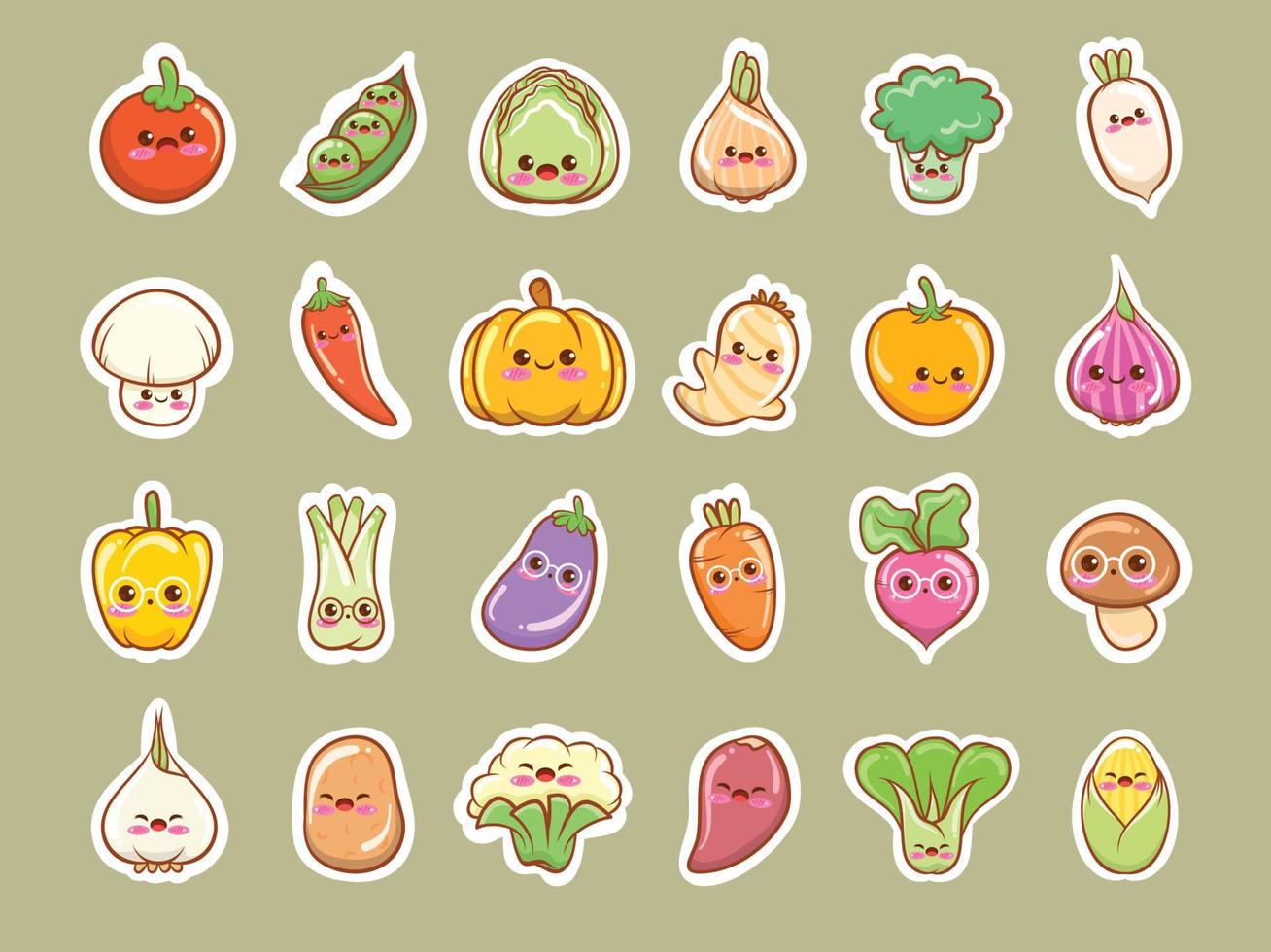 Conjunto de lindos vegetales en dibujos animados de estilo adhesivo kawaii vector