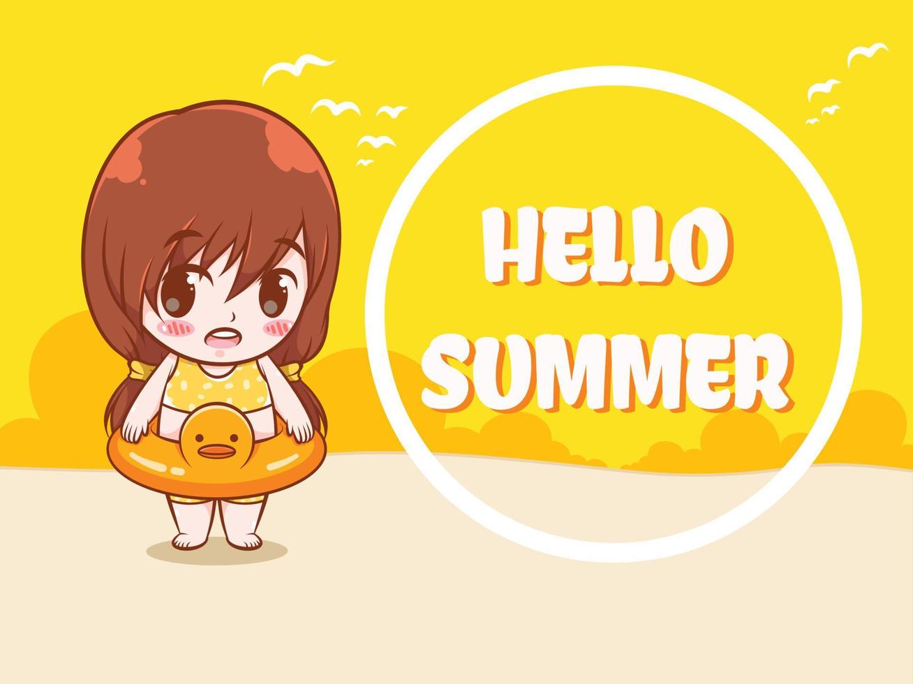 A cute girl says hello summer. summer greeting concept illustration. vector