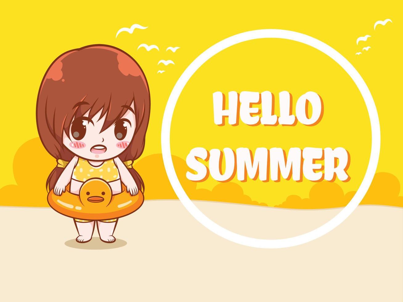 una linda chica dice hola verano. Ilustración de concepto de saludo de verano. vector