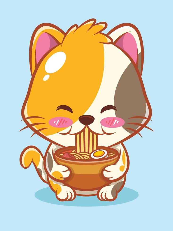 un lindo gato comiendo fideos ramen. logotipo de personaje de dibujos animados y concepto de ilustración de mascota. vector