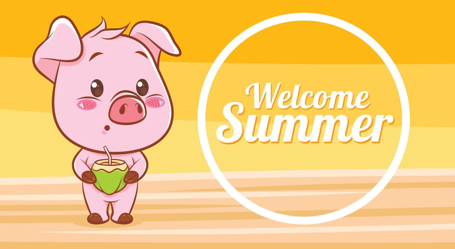 cute pig with a summer greeting banner. vector