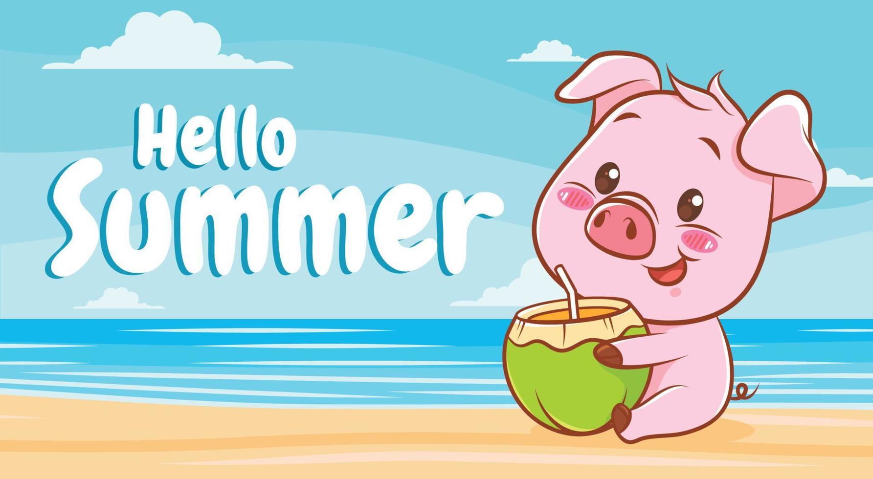 cute pig with a summer greeting banner. vector