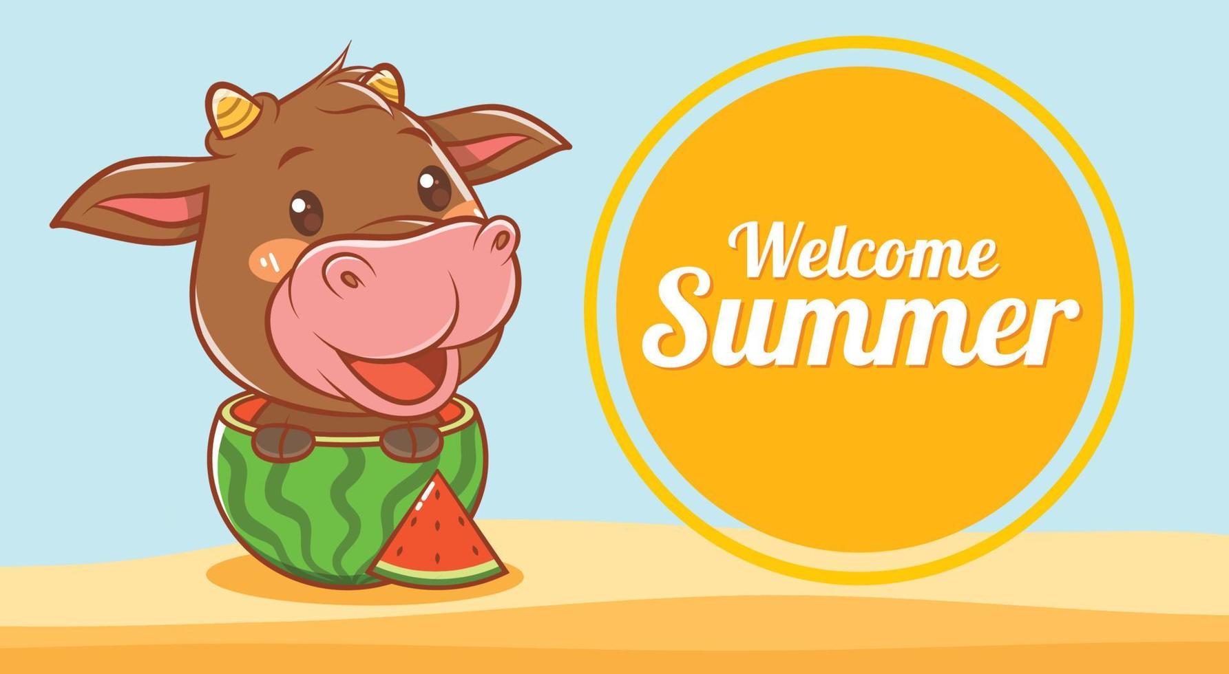 cute cow with a summer greeting banner. vector