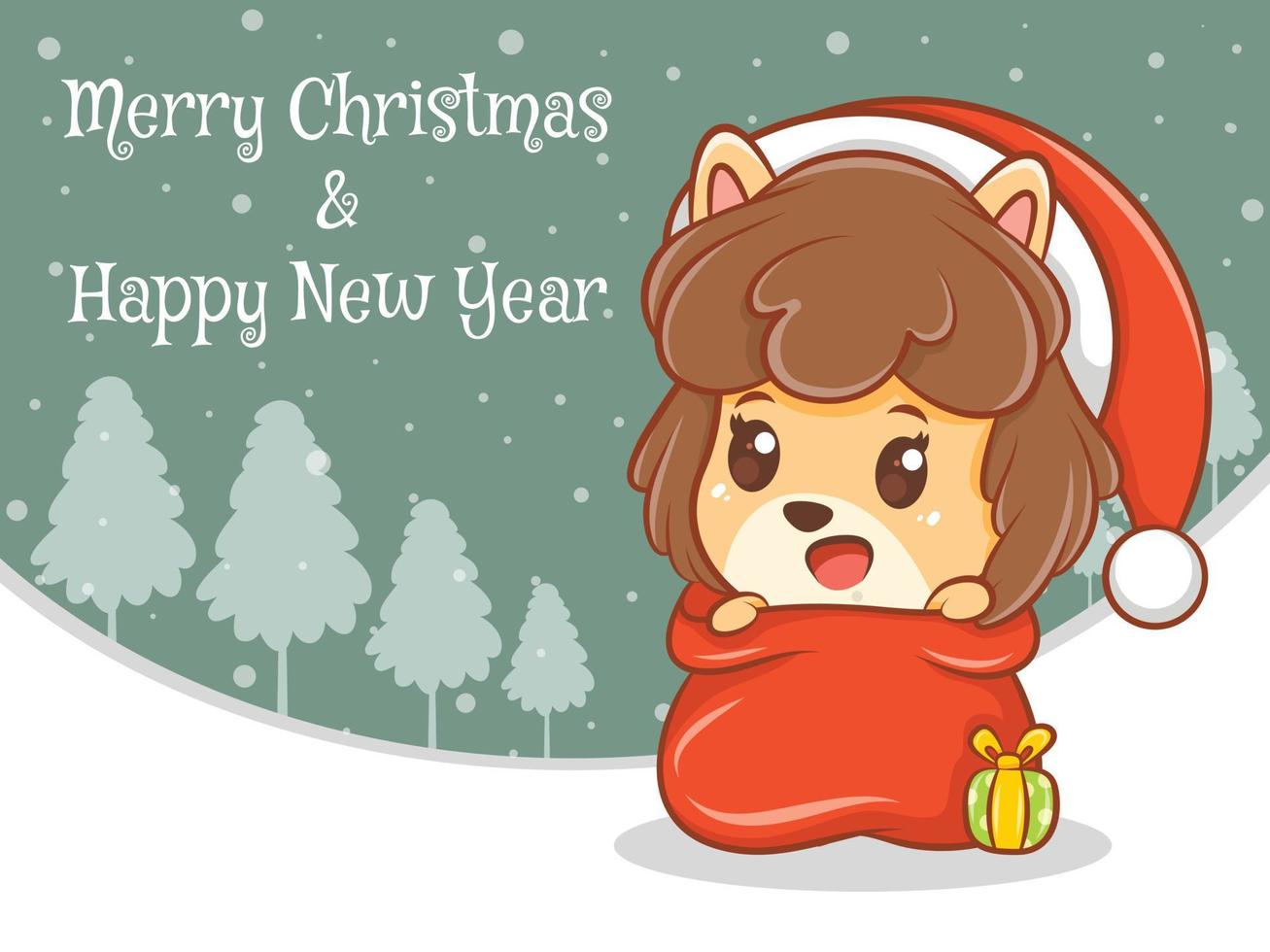 Lindo personaje de dibujos animados de cachorro con feliz navidad y feliz año nuevo saludo banner. vector