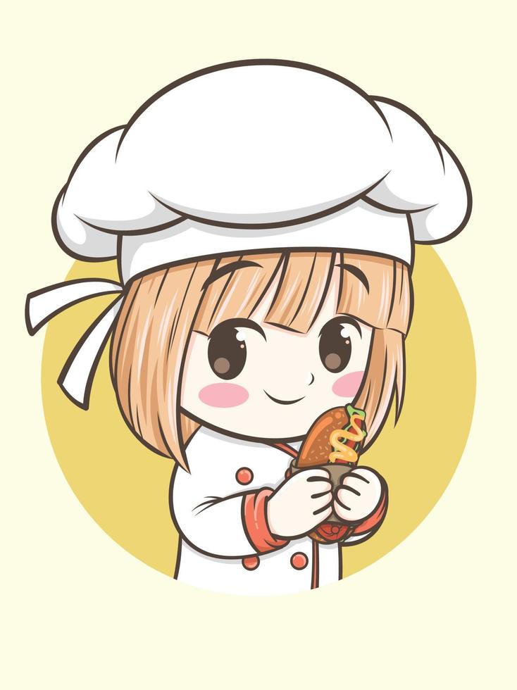 linda chica chef sosteniendo un perrito caliente. concepto de ilustración de logotipo de comida rápida vector