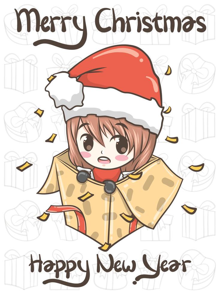 cute Santa girl with gift box christmas vector