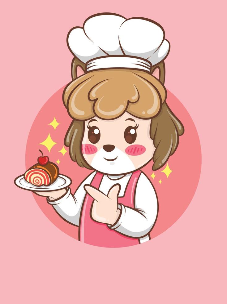 Cocinero lindo del perro femenino que sostiene un pastel. concepto de chef de panadería. personaje de dibujos animados y logotipo de mascota vector