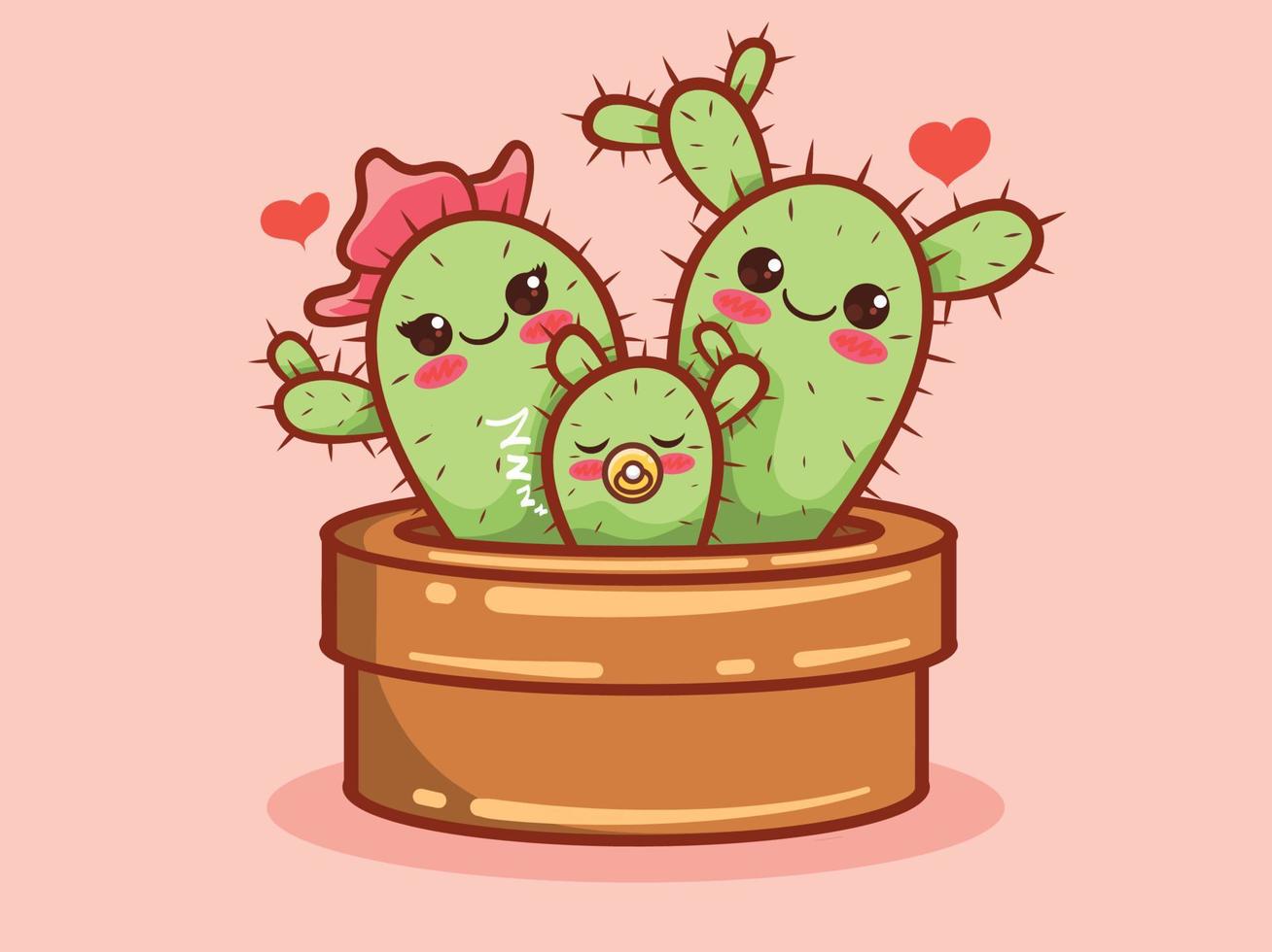 lindo personaje de dibujos animados e ilustración de la familia de cactus. vector