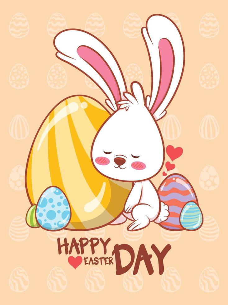 lindo conejito con huevos de pascua decorados. ilustración de personaje de dibujos animados concepto de feliz día de pascua. vector