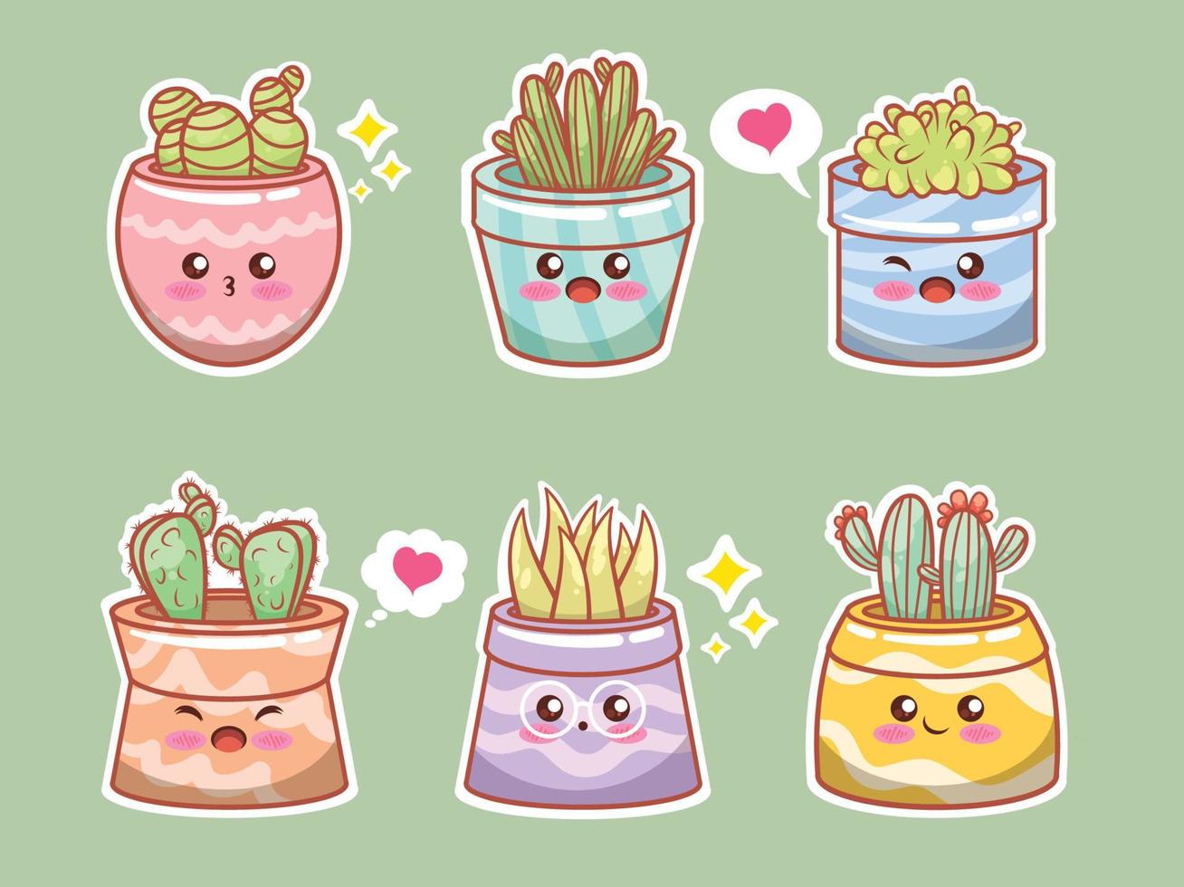 Set of cute succulents plant and cactus cartoon. sticker concept. vector