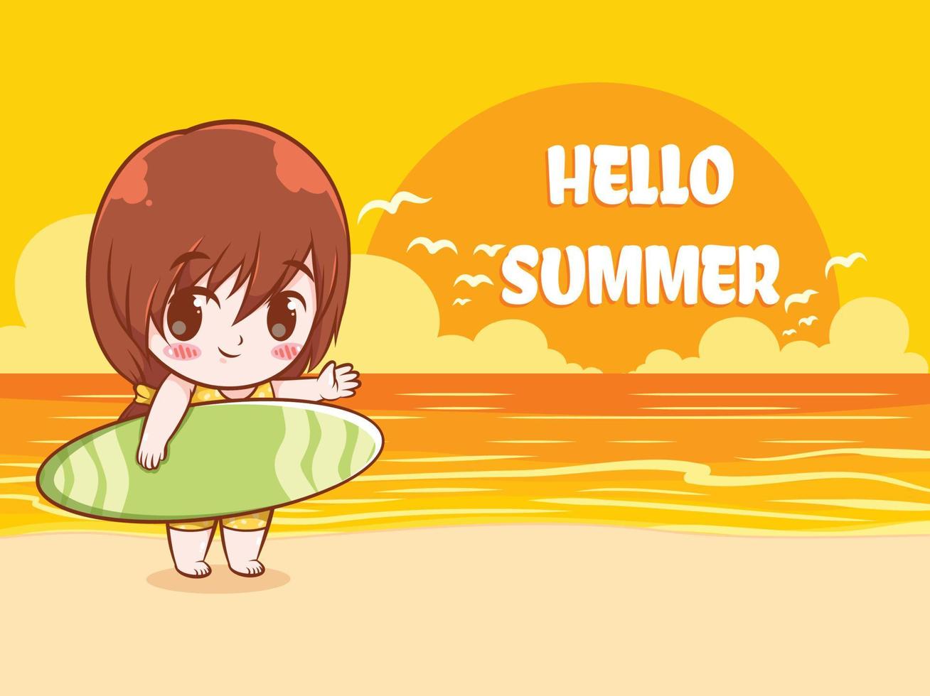 A cute girl says hello summer. summer greeting concept illustration. vector