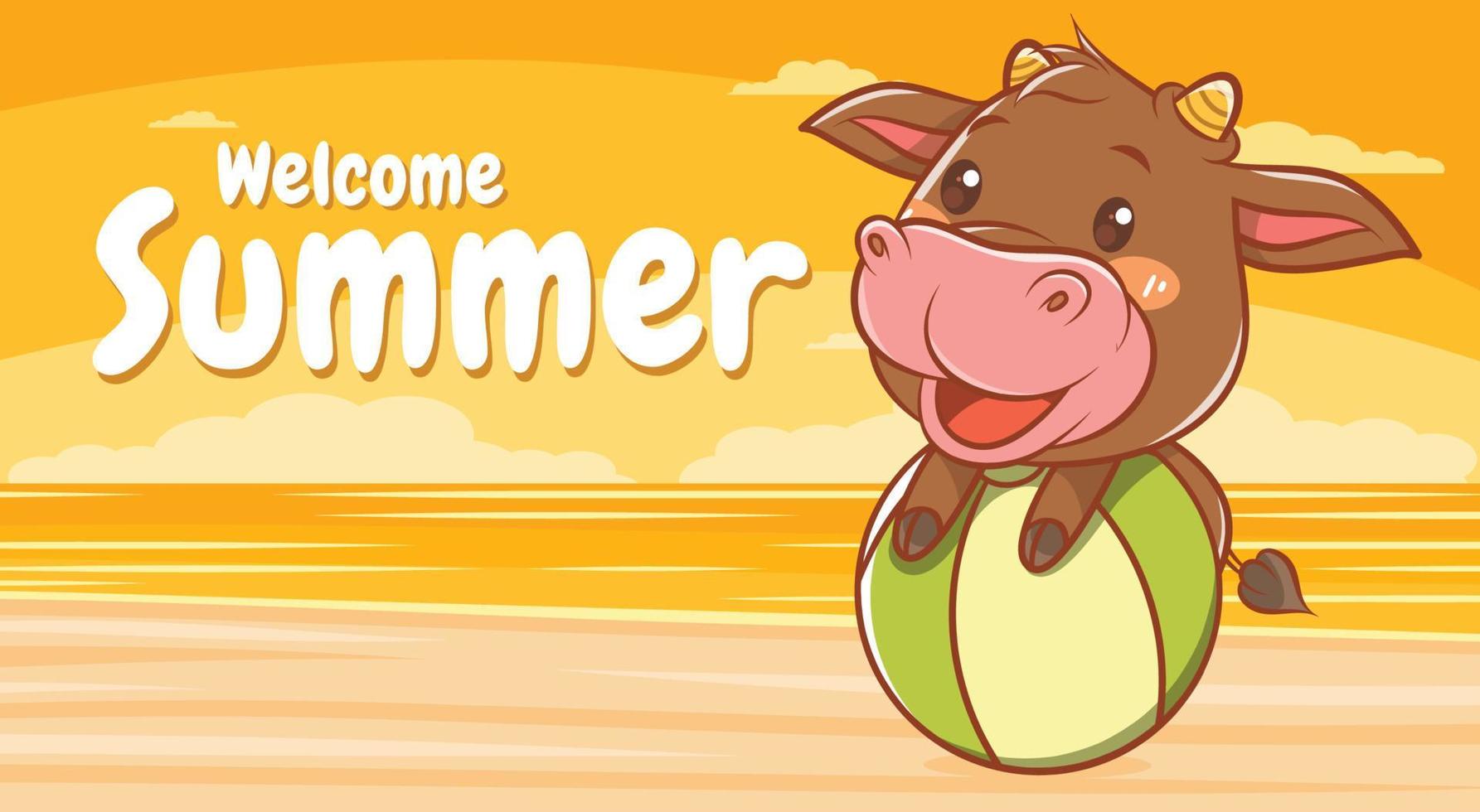 cute cow with a summer greeting banner. vector